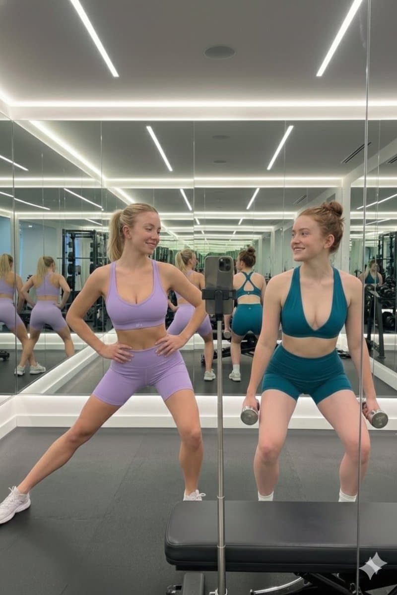 Generate a Mirror Selfie Image of Sydney Sweeney and Sadie Sink in a Gym